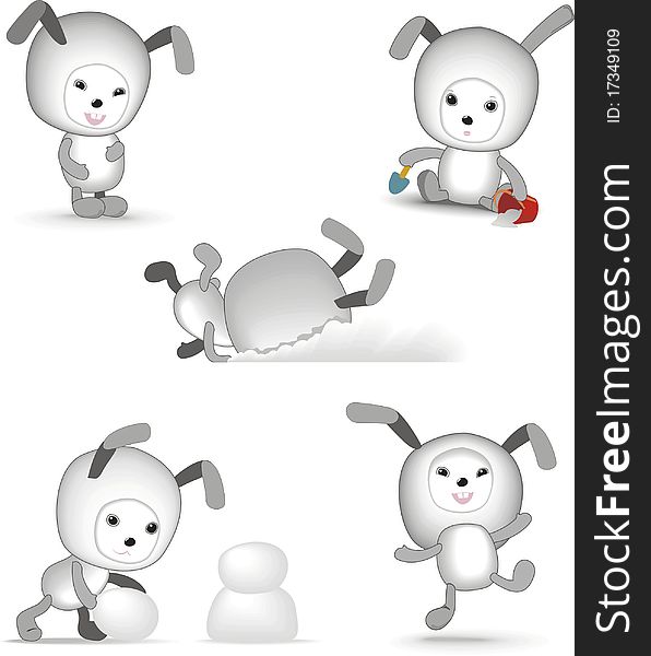 An illustration of five cute bunny playing at snow. An illustration of five cute bunny playing at snow