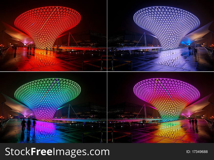 Night view of Shanghai World Expo - expo axis. Collage of four pictures. Night view of Shanghai World Expo - expo axis. Collage of four pictures.