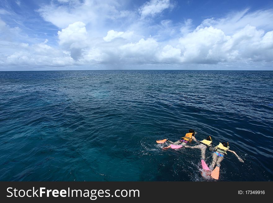 Three people snorkeling in the Great Barrier Reef