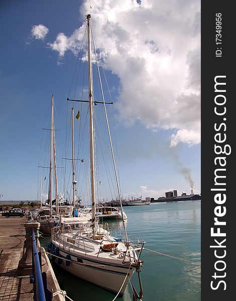 Close up image of private yacht in Portlouis harbor,Mauritius