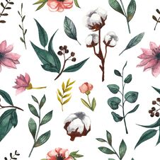 Seamless Floral Pattern With Cotton Flowers And Eucalyptus Leaves Royalty Free Stock Photography