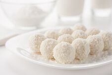 Small Round Cakes Sprinkled With Coconut Shavings. Royalty Free Stock Images