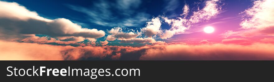 The sky with clouds panorama, the sun among the clouds, cloudy landscape, 3D rendering