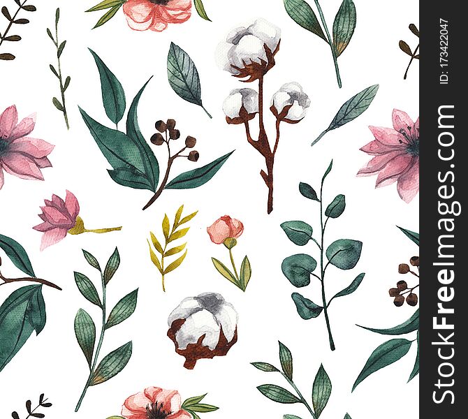 Seamless Floral Pattern With Cotton Flowers And Eucalyptus Leaves