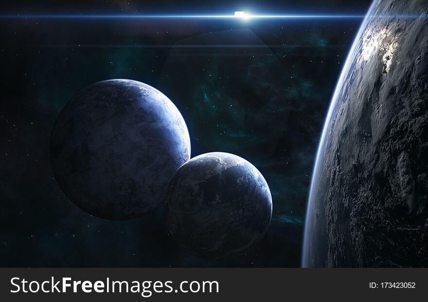 Planets of deep space in the light of a blue star. Science fiction. Elements of this image furnished by NASA