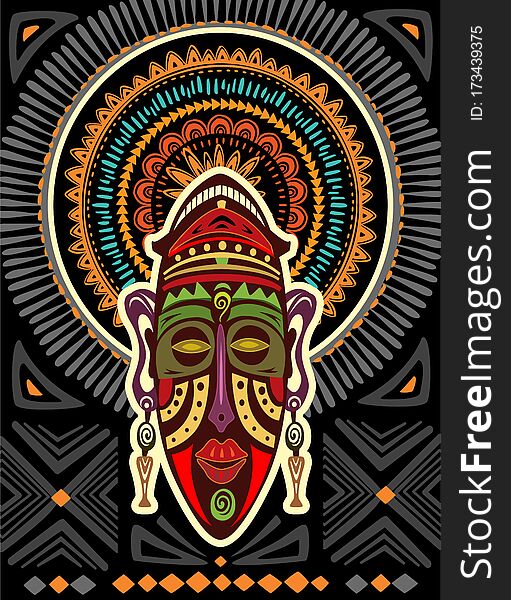 African mask on a background with geometric ornament