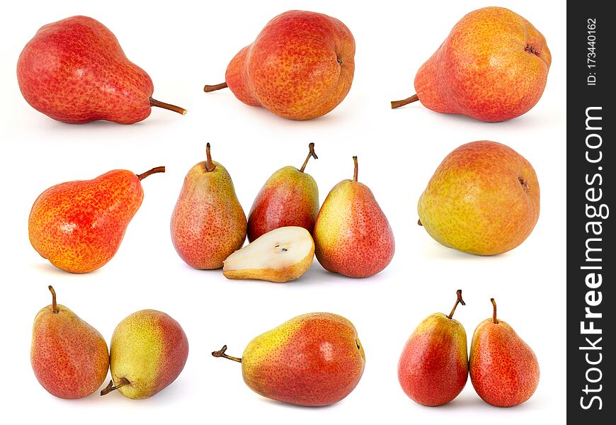 Various options for selecting and shooting pink and yellow barrels of Trout pears isolated on a white background of fragrant delicious and ripe fruit. Various options for selecting and shooting pink and yellow barrels of Trout pears isolated on a white background of fragrant delicious and ripe fruit