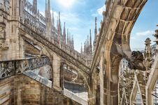 Milan Cathedral Roof, Italy, Europe. Milan Cathedral Or Duomo Di Milano Is Top Landmark Of Milan City. Beautiful Gothic Stock Photo