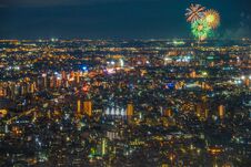 Chofu Fireworks Visible From The Tokyo Metropolitan Government Building Observatory Stock Photo