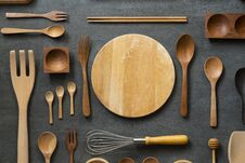 Kitchen Utensils For Cooking On The Wooden Black Table, Food Prepare Concept Royalty Free Stock Images