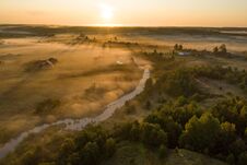 Sunset Aerial Atmospheric View On River In Ural Russia. Drone Photography Stock Photos