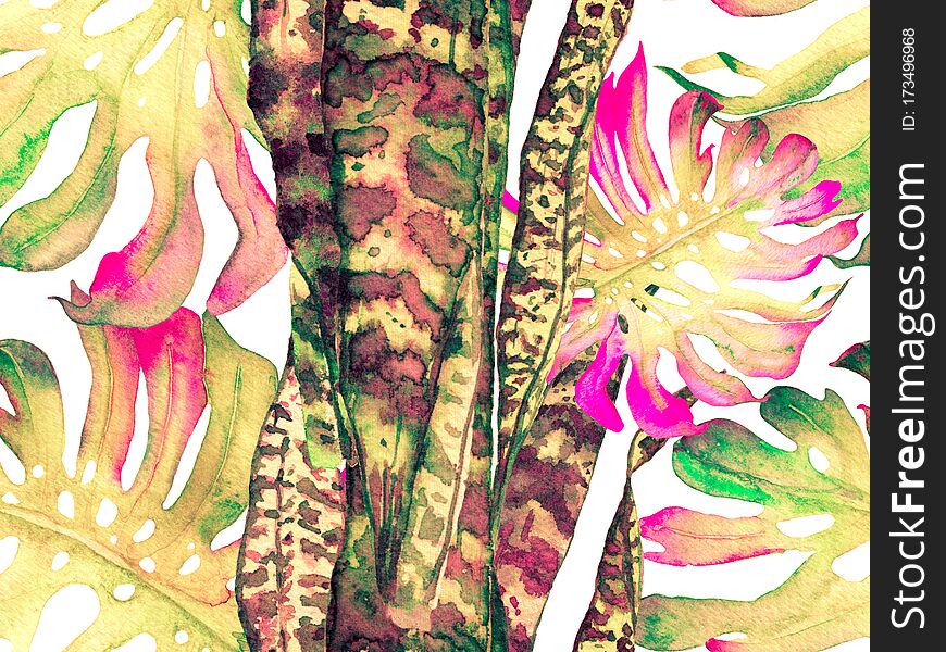 Watercolor leaves Seamless Pattern. Exotic Swimwear Design. Hawaii Aquarelle Print. Vintage Eco Rapport.  Green and Red Summer Floral Background. Botanical Forest Illustration.