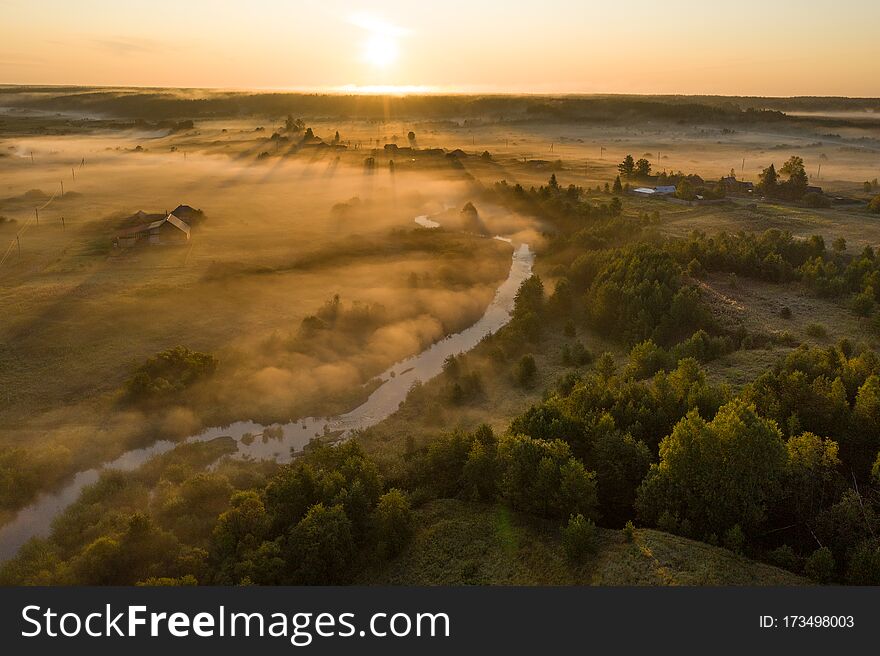 Sunset Aerial Atmospheric View On River In Ural Russia. Drone Photography