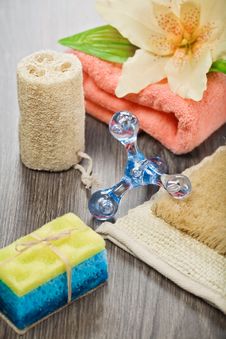Accessories For Taking Bath On Wooden Background Royalty Free Stock Photo