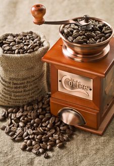 Coffee Beans In Bag And Coffee Mill Royalty Free Stock Image Coffee Beans In Bag And Coffee Mill Royalty Free Stock Image