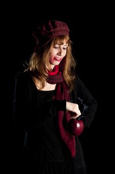 Girl With Red Socks Hat Scarf And Apple Royalty Free Stock Images Girl With Red Socks Hat Scarf And Apple Royalty Free Stock Images