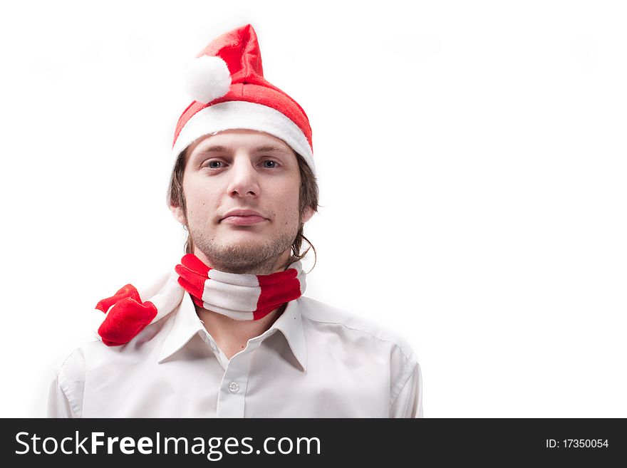 Young man in the Santa Claus hat, isolated on a white background