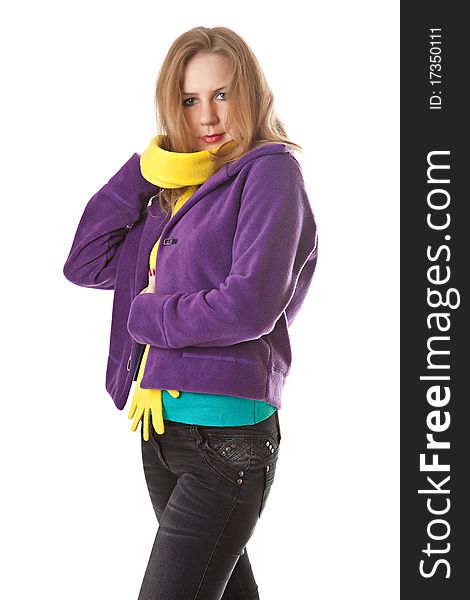 Girl in a purple jacket with a yellow scarf isolated on a white background. Girl in a purple jacket with a yellow scarf isolated on a white background