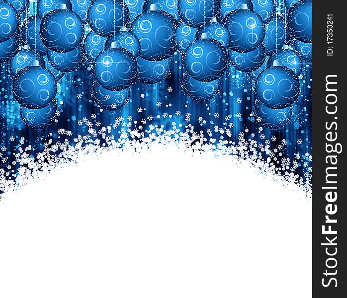Blue and white Christmas background with snowflakes and balls