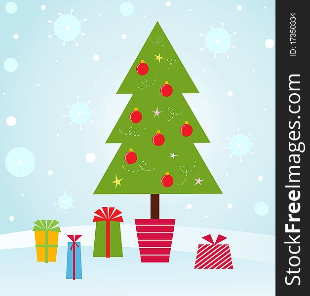 A vector illustration of a Christmas tree with colorful gifts around it