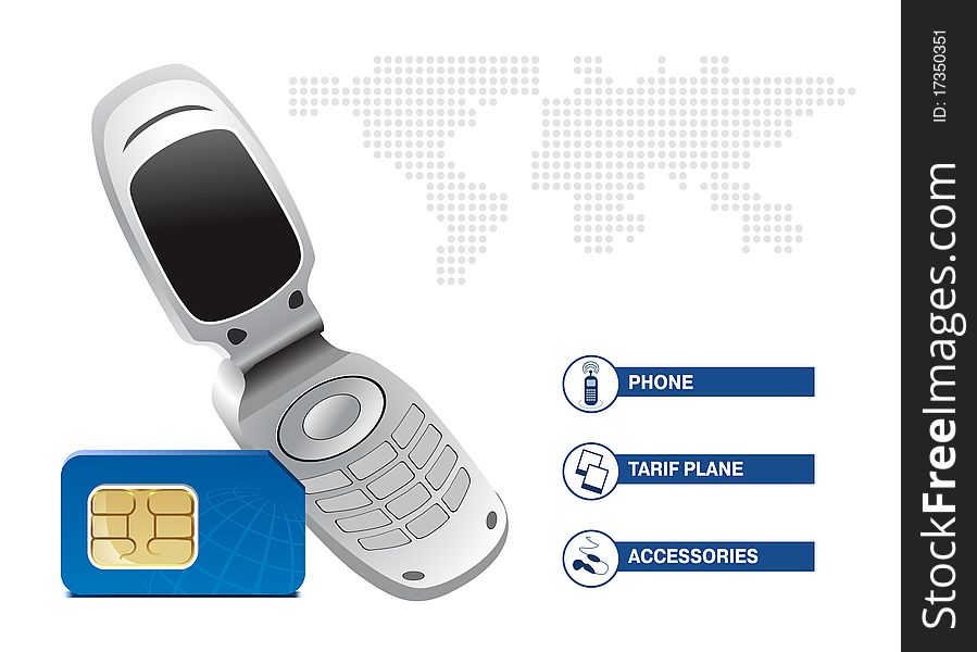 Mobile phone with SIM card on white background. Template design