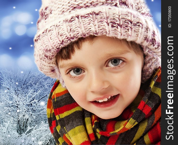 Little girl four years old with winter landscape background. Little girl four years old with winter landscape background