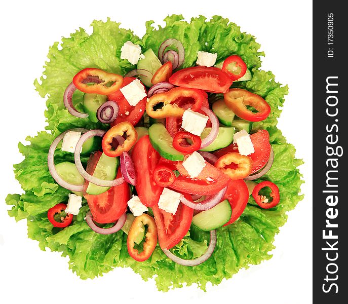 Close-up of greek salad isolated on white