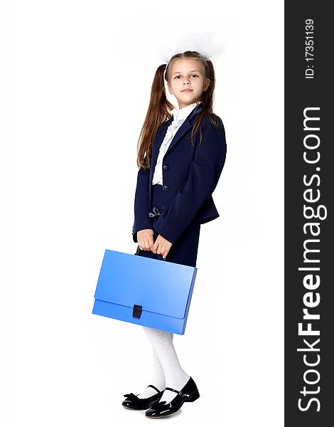 Little girl with blue briefcase. Little girl with blue briefcase