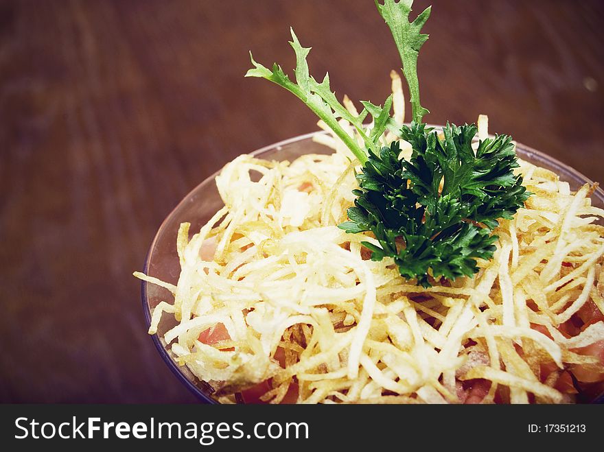 Salad with crunchy potato in glass. Salad with crunchy potato in glass