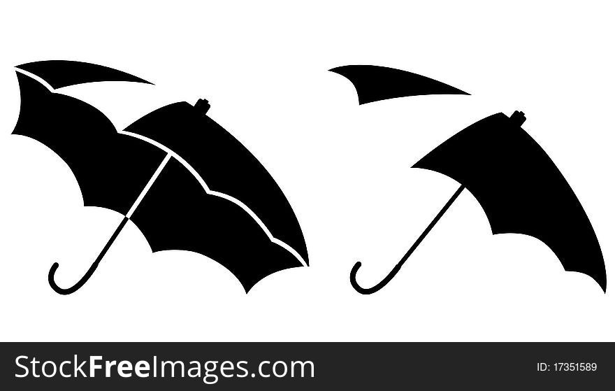 Two icons of open umbrellas. Black and white colors. Two icons of open umbrellas. Black and white colors.