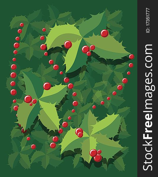 Christmas background with leaves and globes against green background, abstract vector art illustration