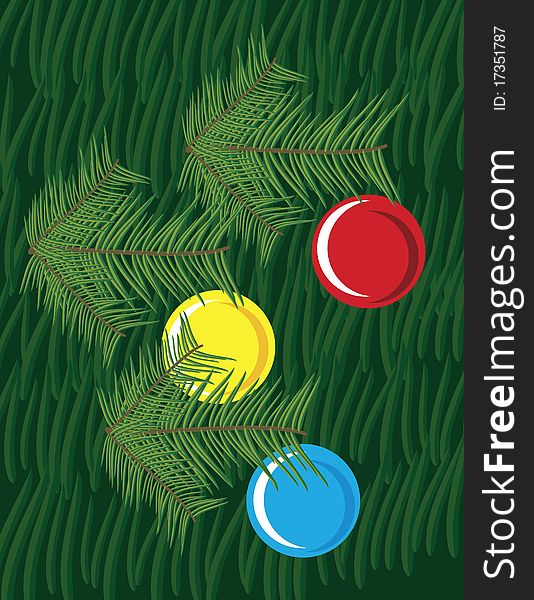 Christmas background with pine leaves and globes against green background, abstract vector art illustration