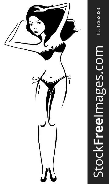 Black-and-white young woman in bikini