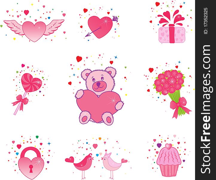 Colorful romantic and love icons on white background. Colorful romantic and love icons on white background