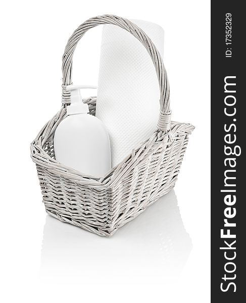 Basket With Bottle And Paper Towel