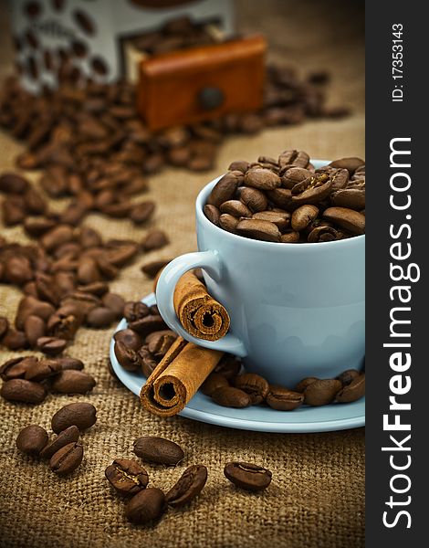 Composition of coffee beans and cup
