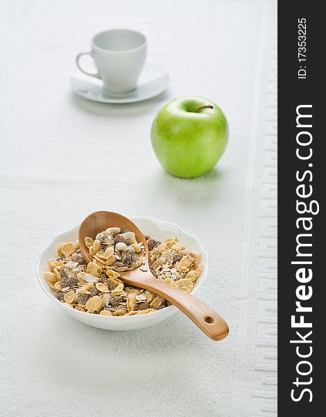 Dietary food with tableware on white background