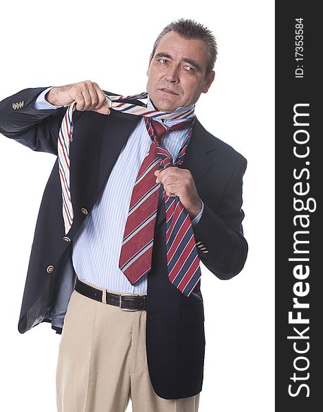 Man with several ties on her neck and trying to take them off