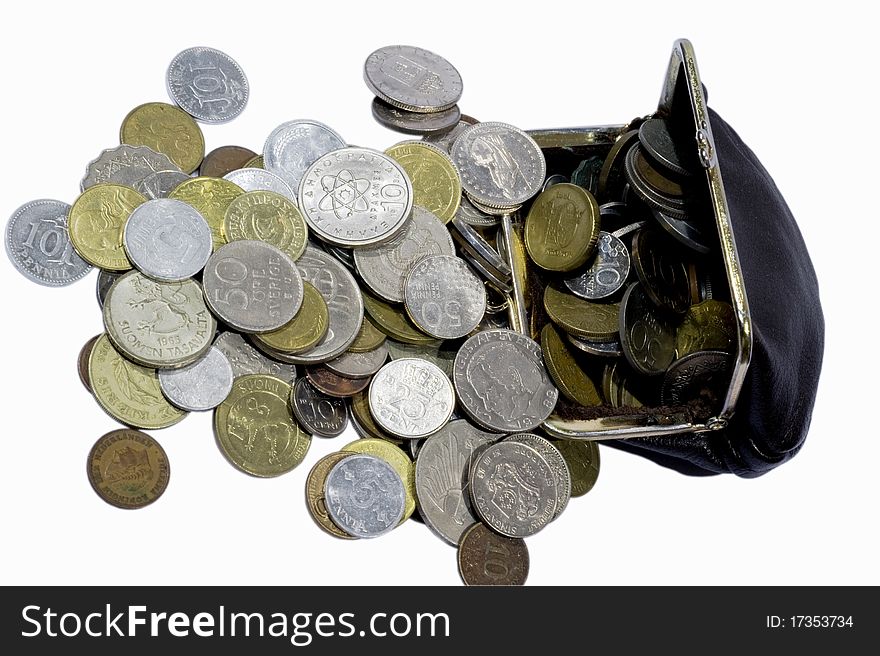 Purse and old coins isolated on the white. Purse and old coins isolated on the white