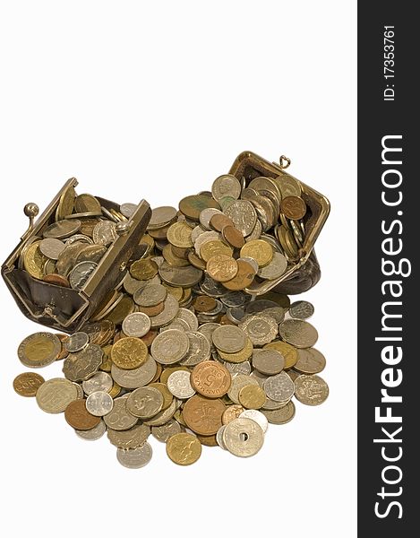 Purse and old coins isolated on the white. Purse and old coins isolated on the white
