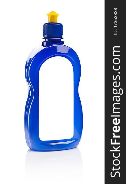 Blue bottle with label isolated on white background