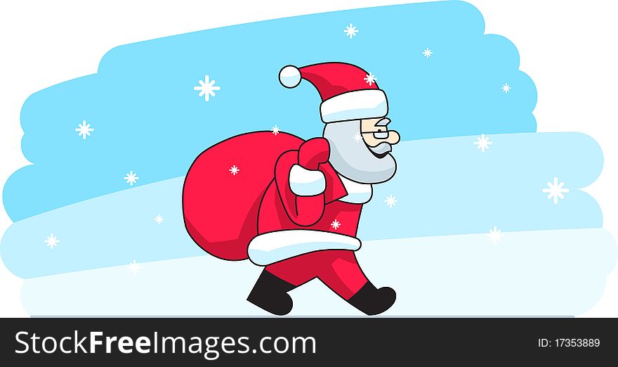 Santa claus with very big sack is walking on winter day