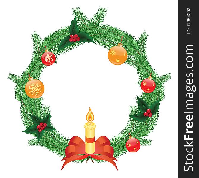 Vector illustration of christmas wreath with red bow and candle. Vector illustration of christmas wreath with red bow and candle