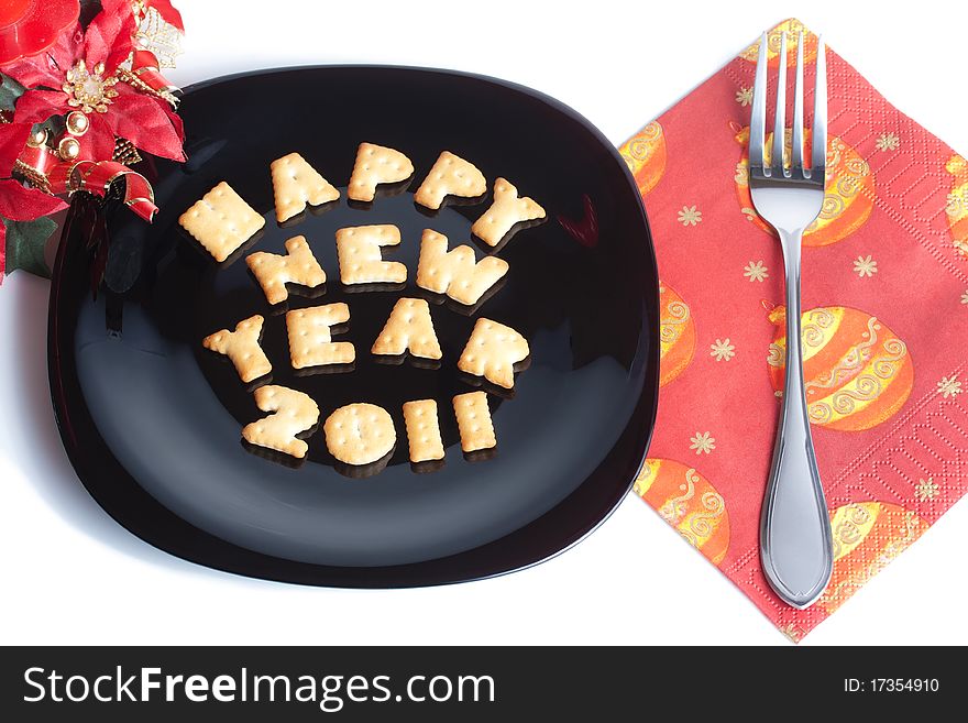 Black Plate With Cookies, Fork And Decoration