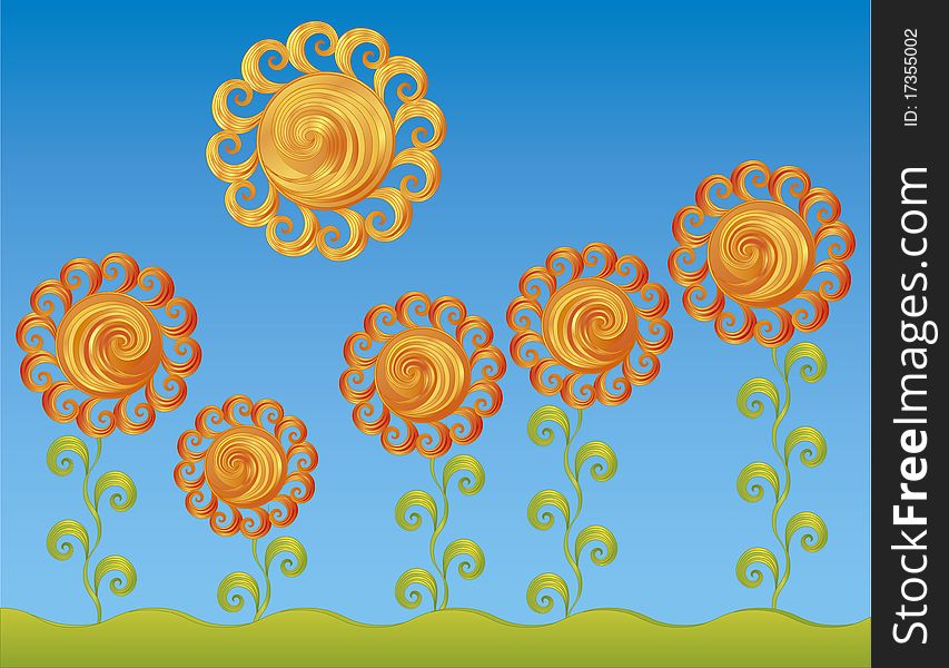 Vector stylization. Decorative flowers under the bright sun