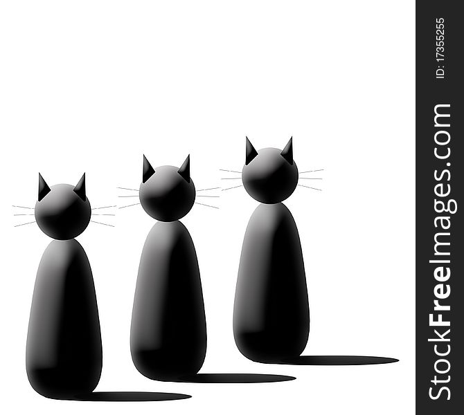 Three black cartoon cats on white background