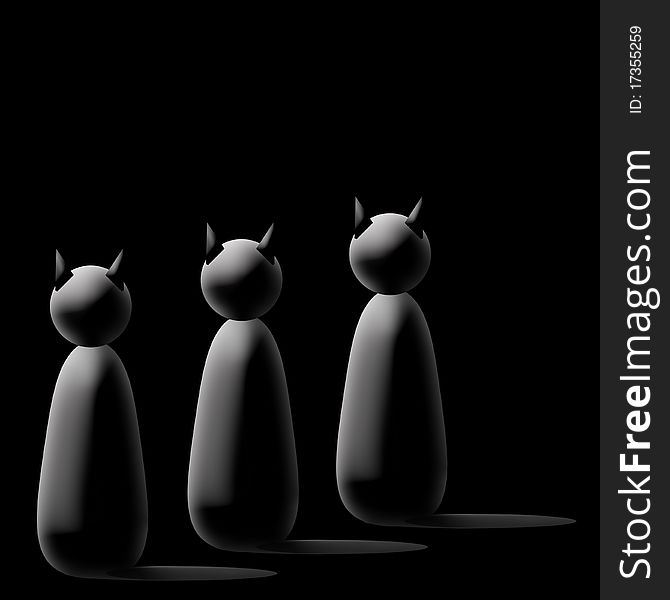 Three black cartoon cats on black background