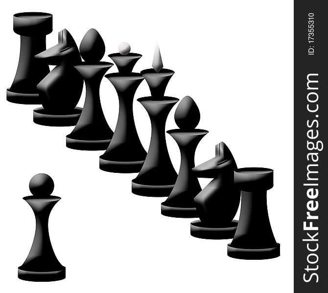 Composition of black chessmen on white background
