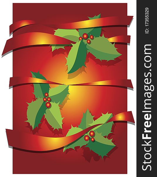 Christmas background with leaves and ribbons, abstract vector art illustration