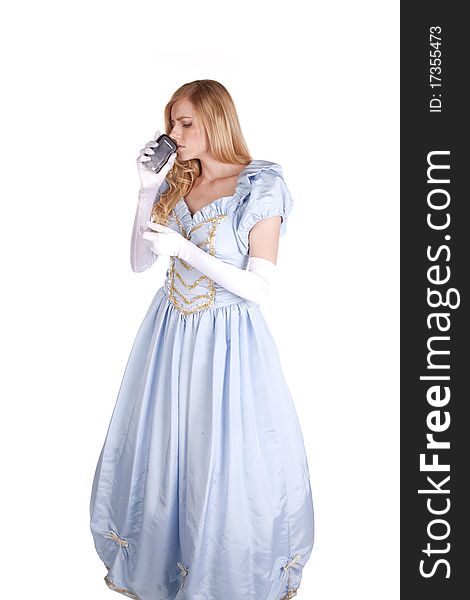 A woman is dressed like Cinderella and is holding a phone to her nose. A woman is dressed like Cinderella and is holding a phone to her nose.